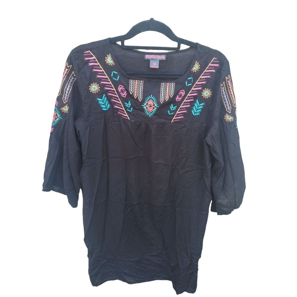 Rock & Roll Cowgirl Aztec Boho Dress M Womens Black Embroidered 1/2 Sleeve Midi